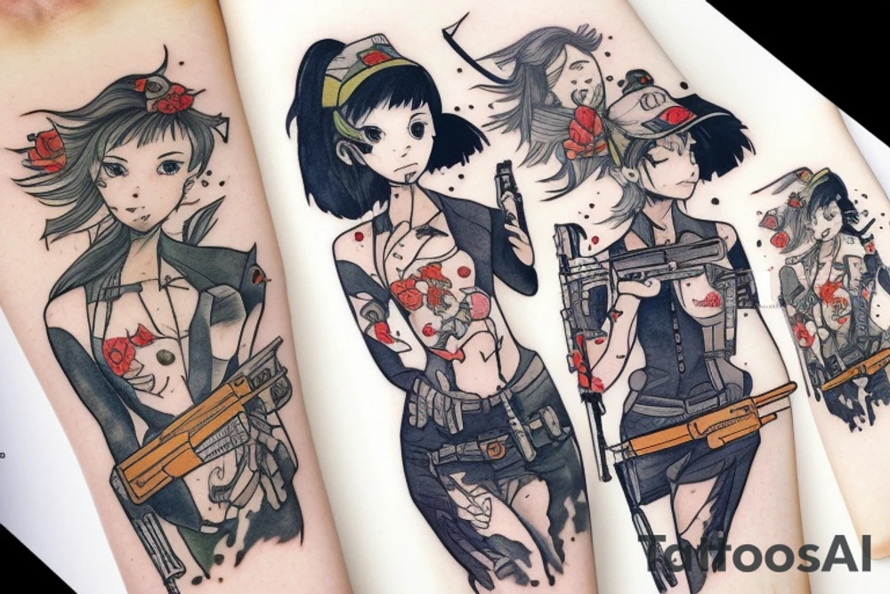 Girl with gun on the battelfield tattoo idea
