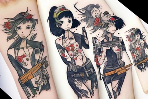 Girl with gun on the battelfield tattoo idea