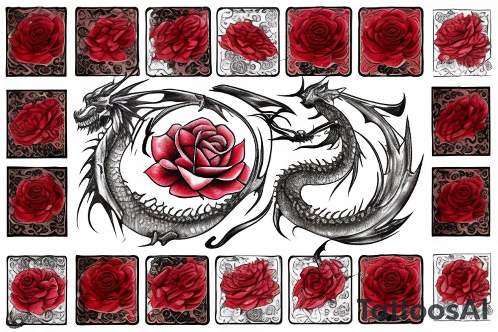 Red dragon with white rose tattoo idea