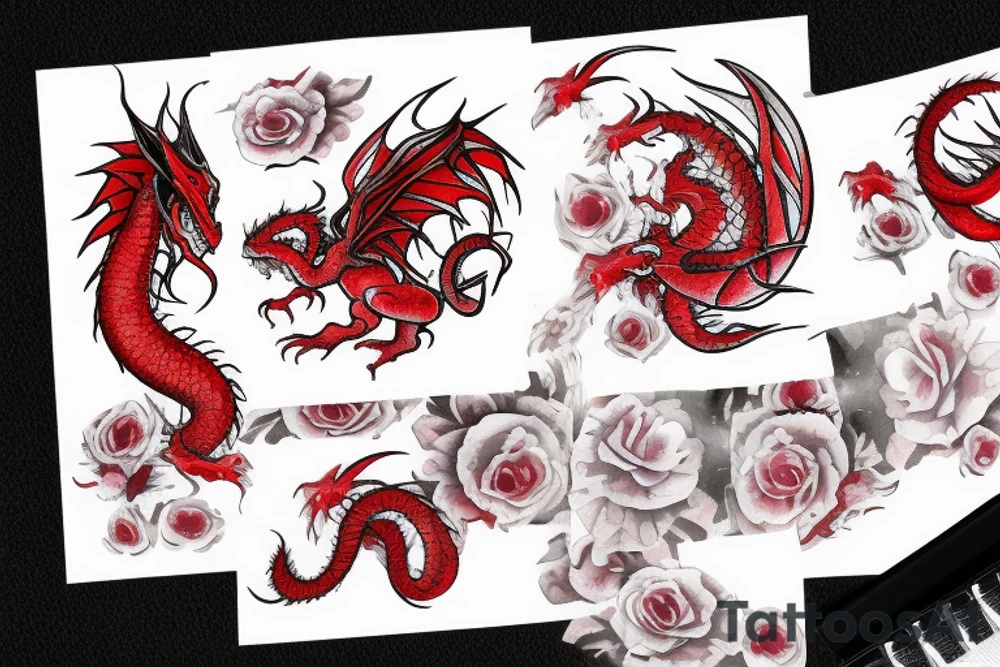 Red dragon with white rose tattoo idea