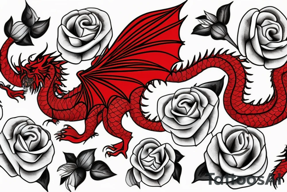 Red dragon with white rose tattoo idea