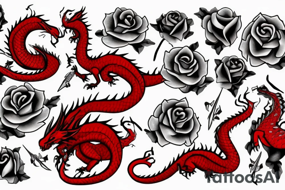 Red dragon with white rose tattoo idea