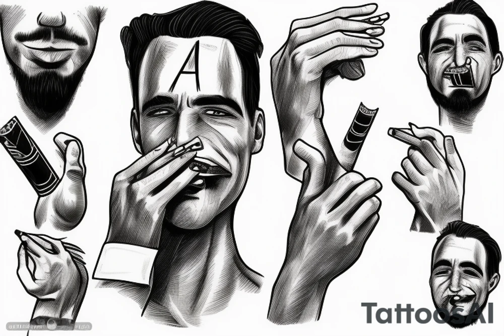 a man who points to his forehead with his index finger, cigarettes in his mouth, an ordinary man tattoo idea