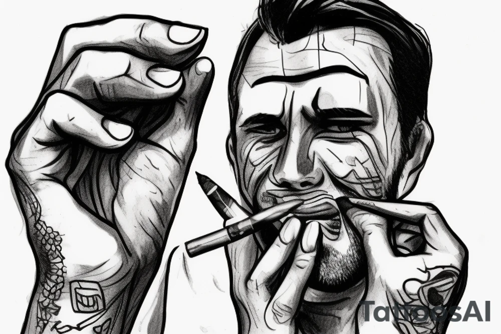 a man who points to his forehead with his index finger, cigarettes in his mouth, an ordinary man tattoo idea