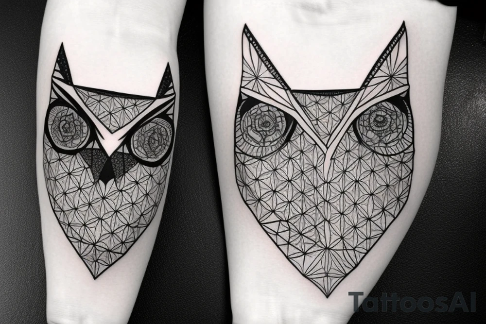 Geometric owl with flower of life chain link tattoo idea