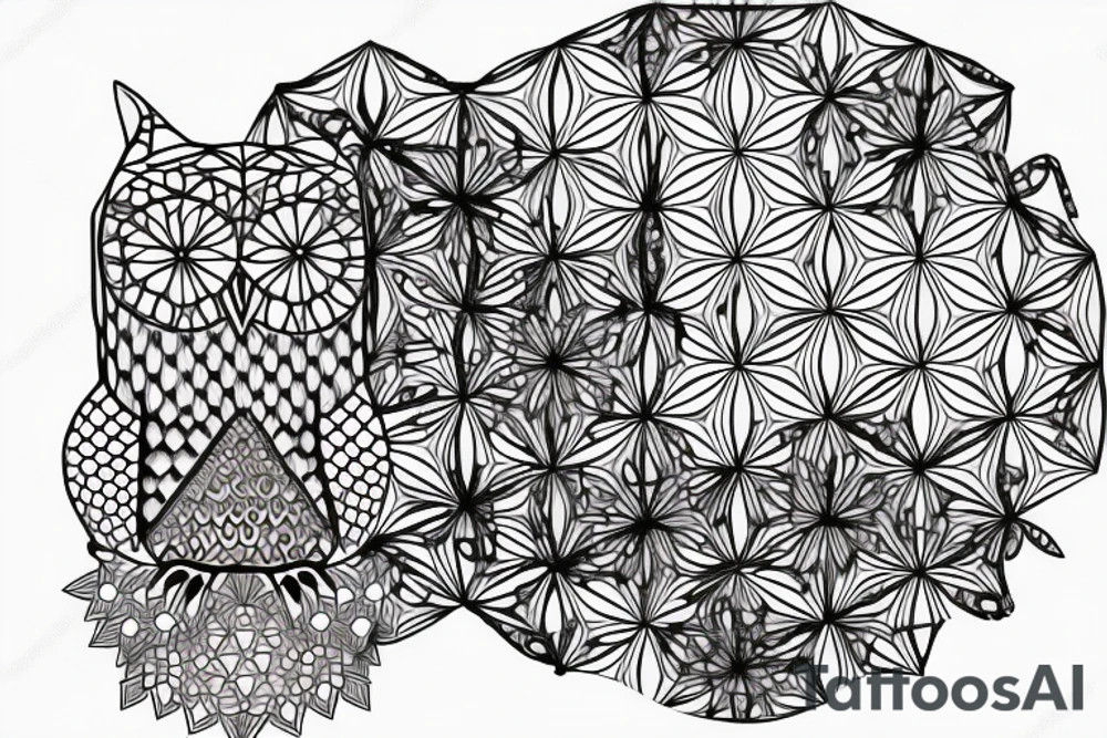 Geometric owl with flower of life chain link tattoo idea