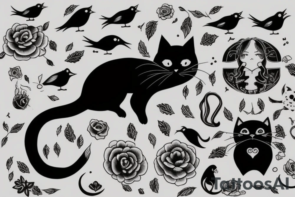 Black cat with little bird tattoo idea