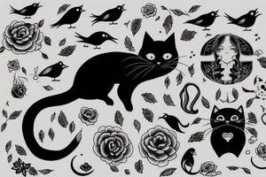 Black cat with little bird tattoo idea