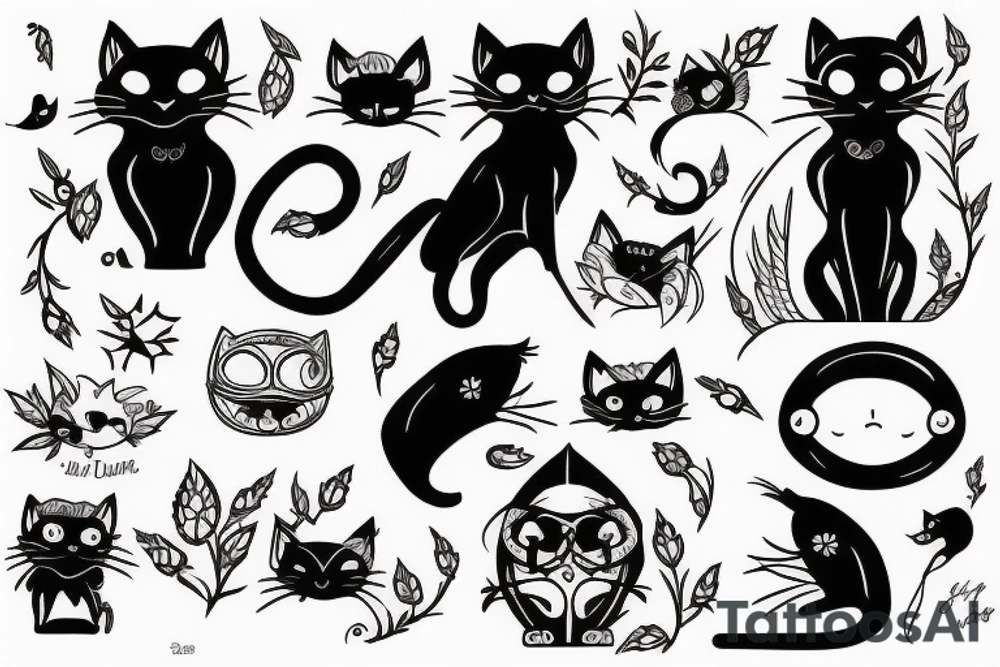 Black cat with little bird tattoo idea