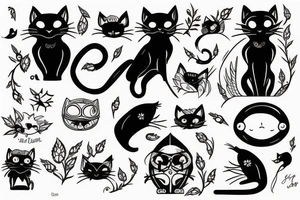 Black cat with little bird tattoo idea