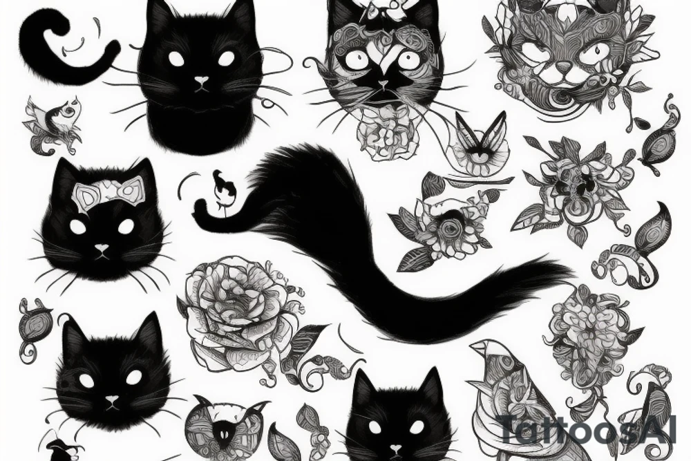 Black cat with little bird tattoo idea