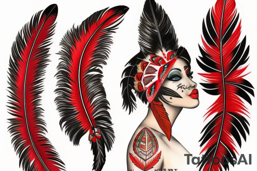 fox bright red black woman indian feathers tattoo idea