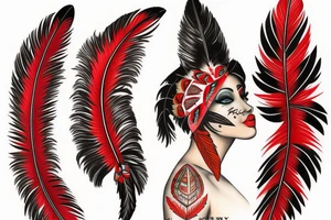 fox bright red black woman indian feathers tattoo idea