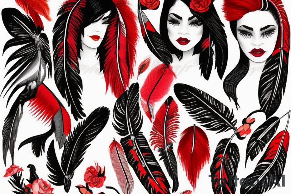 fox bright red black woman indian feathers tattoo idea