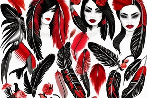 fox bright red black woman indian feathers tattoo idea