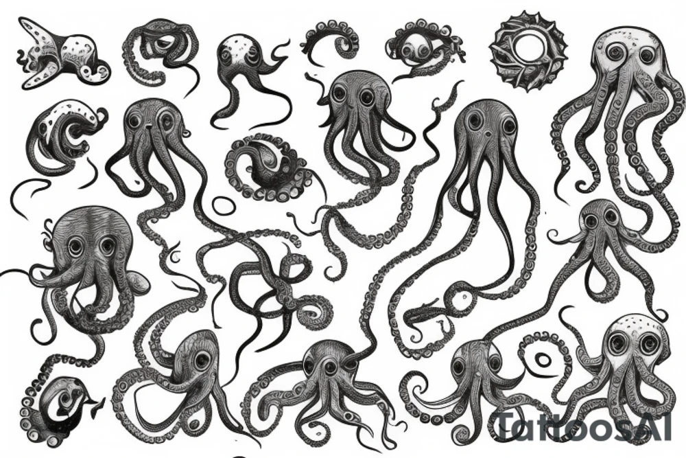 sunshine over ocean with ancient alien octopus tattoo idea