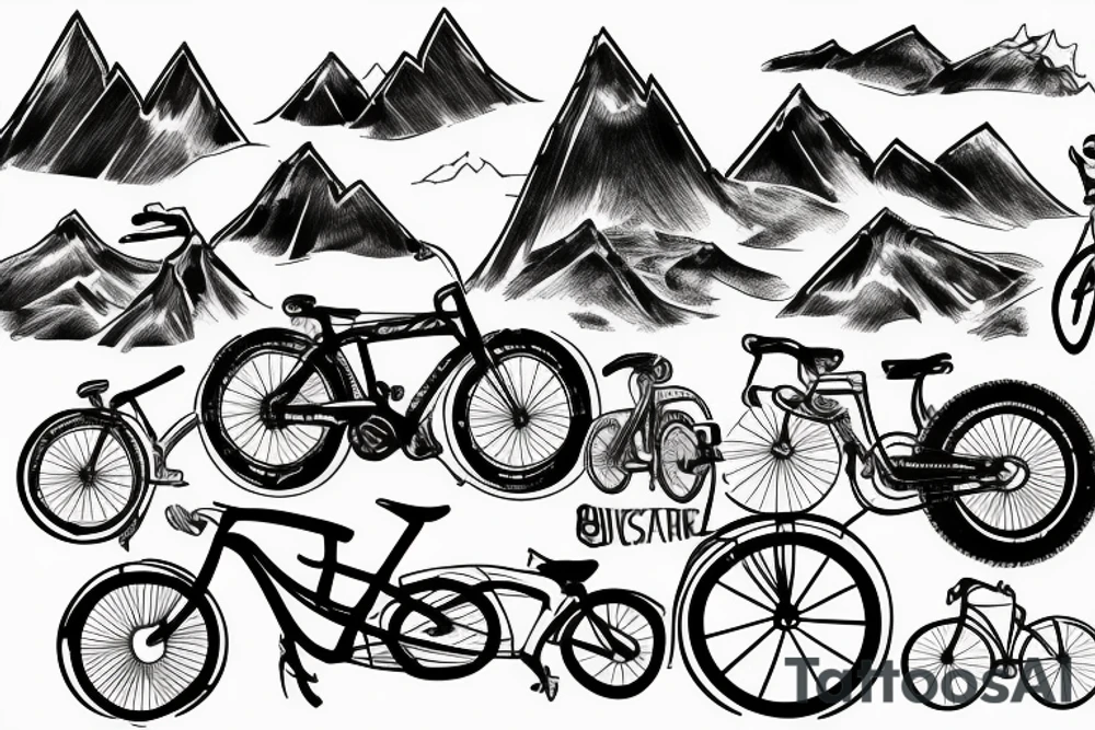 Road bike, cyclist, highway turn, mountains, sea tattoo idea