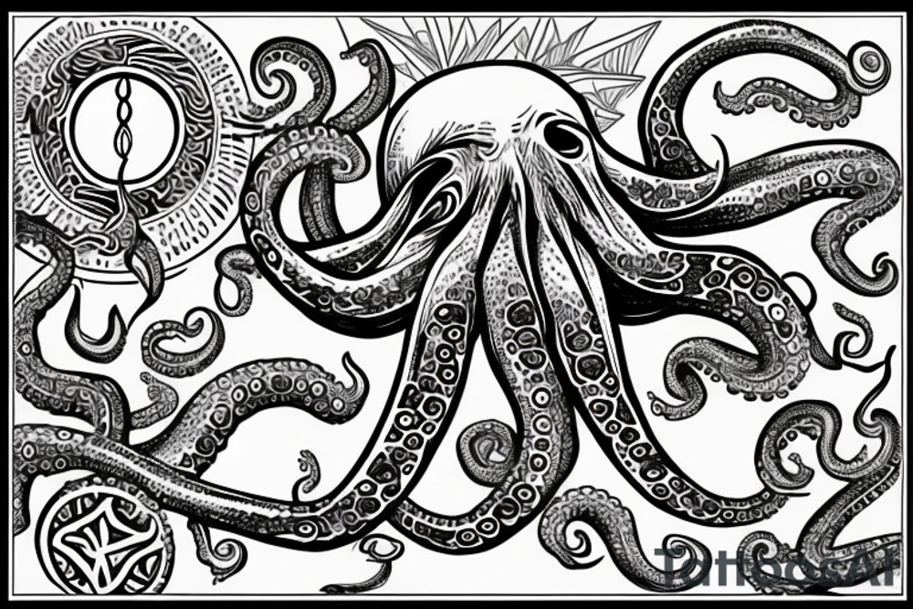 tribal octopus ocean sunrise tattoo idea