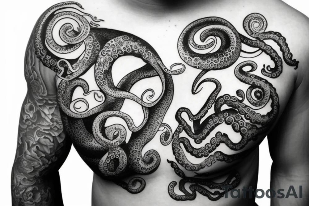 ocean sunrise with octopus over chest and shoulder tattoo idea
