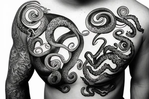 ocean sunrise with octopus over chest and shoulder tattoo idea