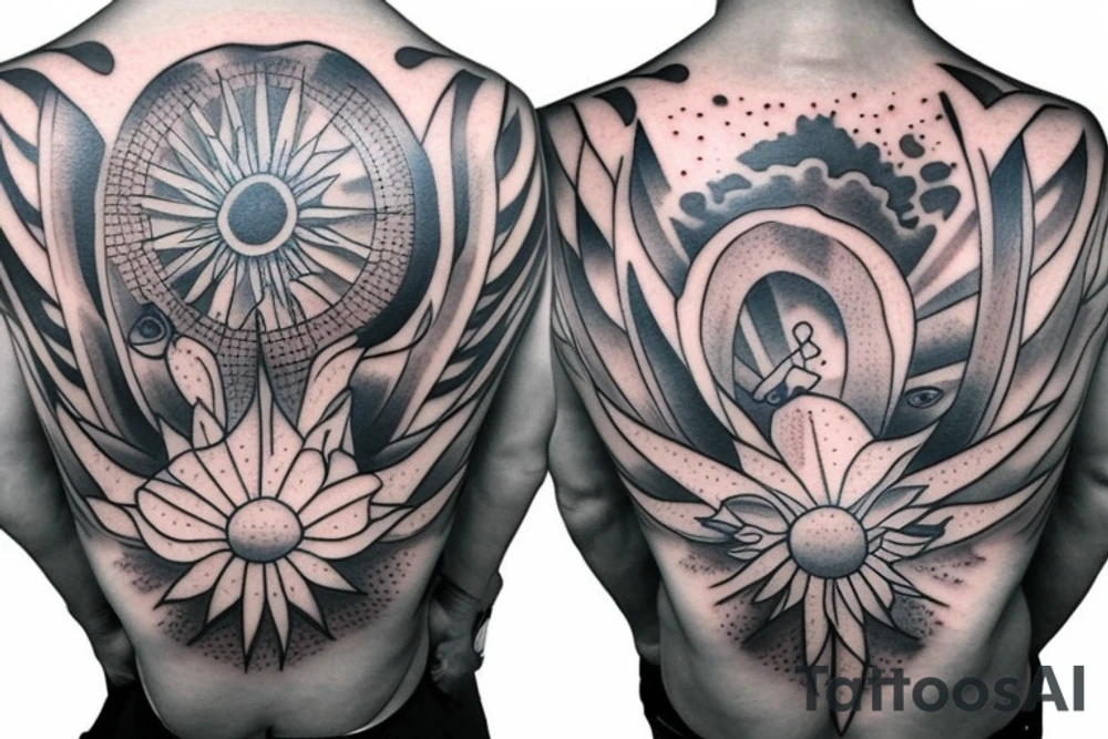 sun rays over chest and shoulder tattoo idea