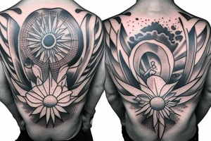 sun rays over chest and shoulder tattoo idea