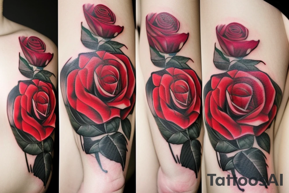 big red rose with three names on it tattoo idea