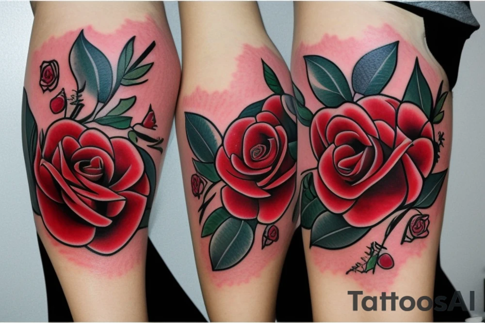 big red rose with three names on it tattoo idea