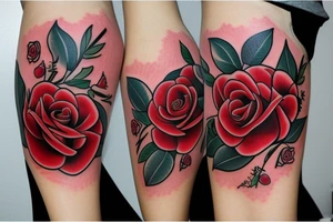 big red rose with three names on it tattoo idea