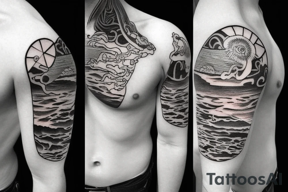ocean sunrise over left chest tattoo idea