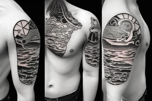 ocean sunrise over left chest tattoo idea