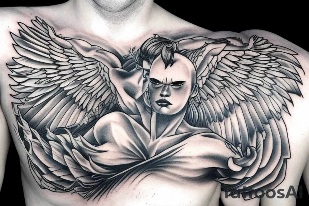 fine line tattoo of a muscled angel flying upwards with smouldering wings tattoo idea