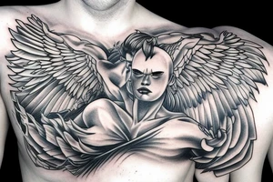 fine line tattoo of a muscled angel flying upwards with smouldering wings tattoo idea