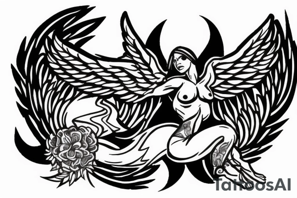 fine line tattoo of a muscled angel flying upwards with smouldering wings tattoo idea
