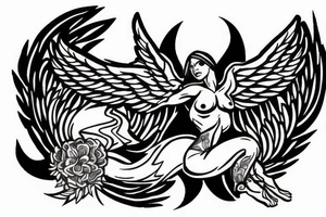 fine line tattoo of a muscled angel flying upwards with smouldering wings tattoo idea