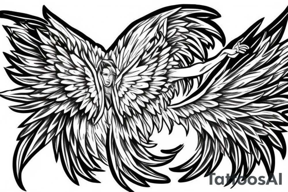 fine line tattoo of a muscular angel flying smouldering wings tattoo idea