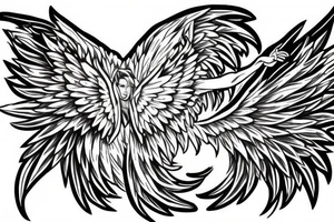 fine line tattoo of a muscular angel flying smouldering wings tattoo idea