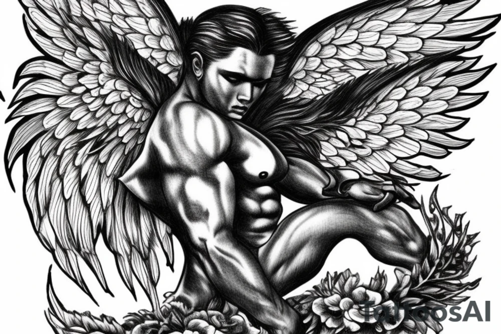 fine line tattoo of a muscular angel flying smouldering wings tattoo idea