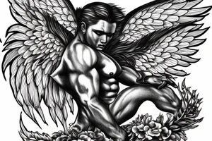 fine line tattoo of a muscular angel flying smouldering wings tattoo idea