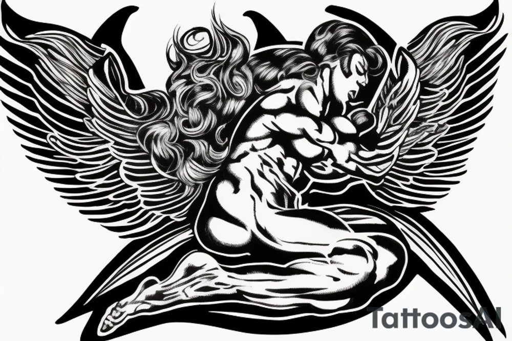 fine line tattoo of a muscular angel flying with smoking wings tattoo idea