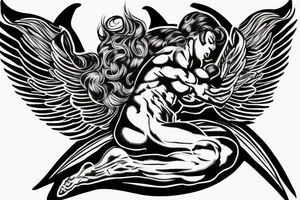 fine line tattoo of a muscular angel flying with smoking wings tattoo idea