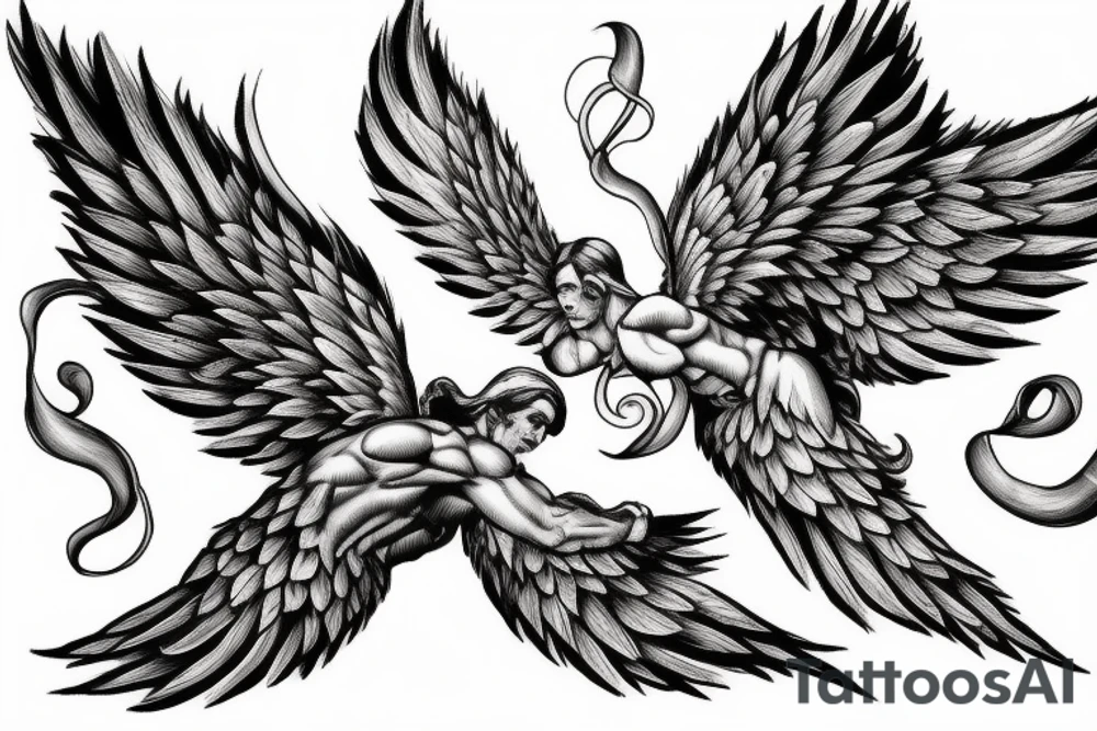 fine line tattoo of a muscular angel flying with smoking wings tattoo idea