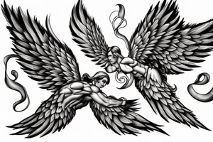 fine line tattoo of a muscular angel flying with smoking wings tattoo idea