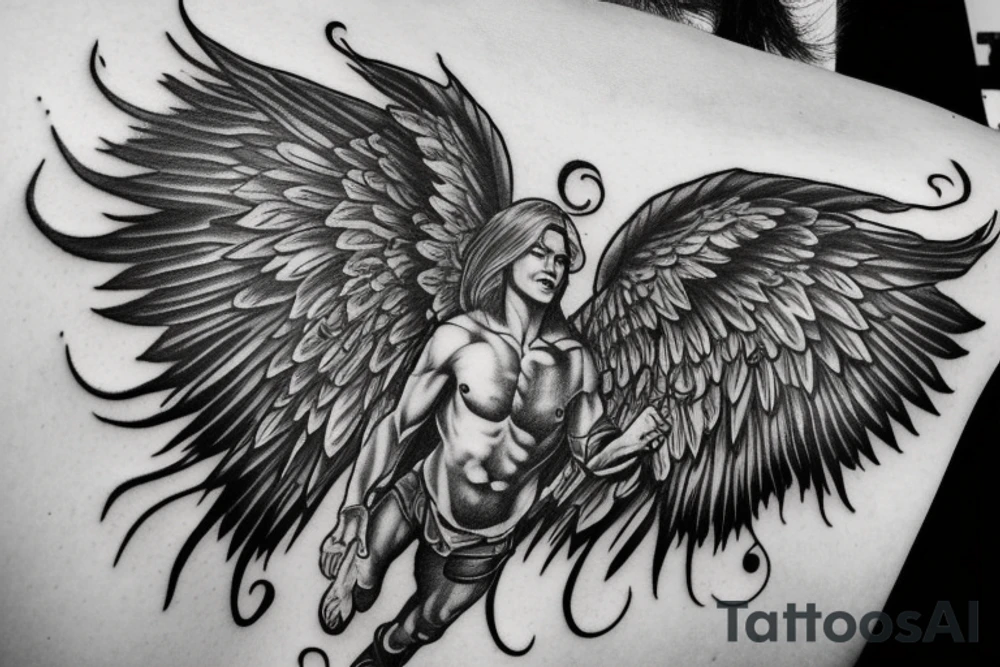fine line tattoo of a muscular angel flying with smoking wings tattoo idea
