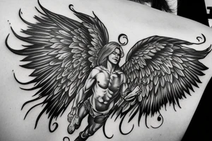 fine line tattoo of a muscular angel flying with smoking wings tattoo idea