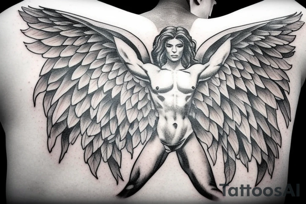 fine line tattoo of a muscular angel flying with smoking wings tattoo idea