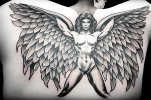 fine line tattoo of a muscular angel flying with smoking wings tattoo idea