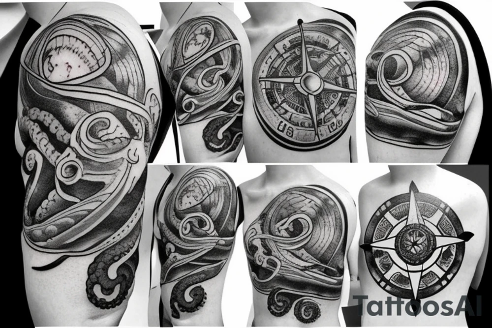 ocean sunrise over left chest compass and octopus tattoo idea