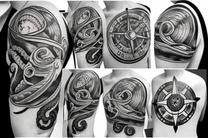 ocean sunrise over left chest compass and octopus tattoo idea