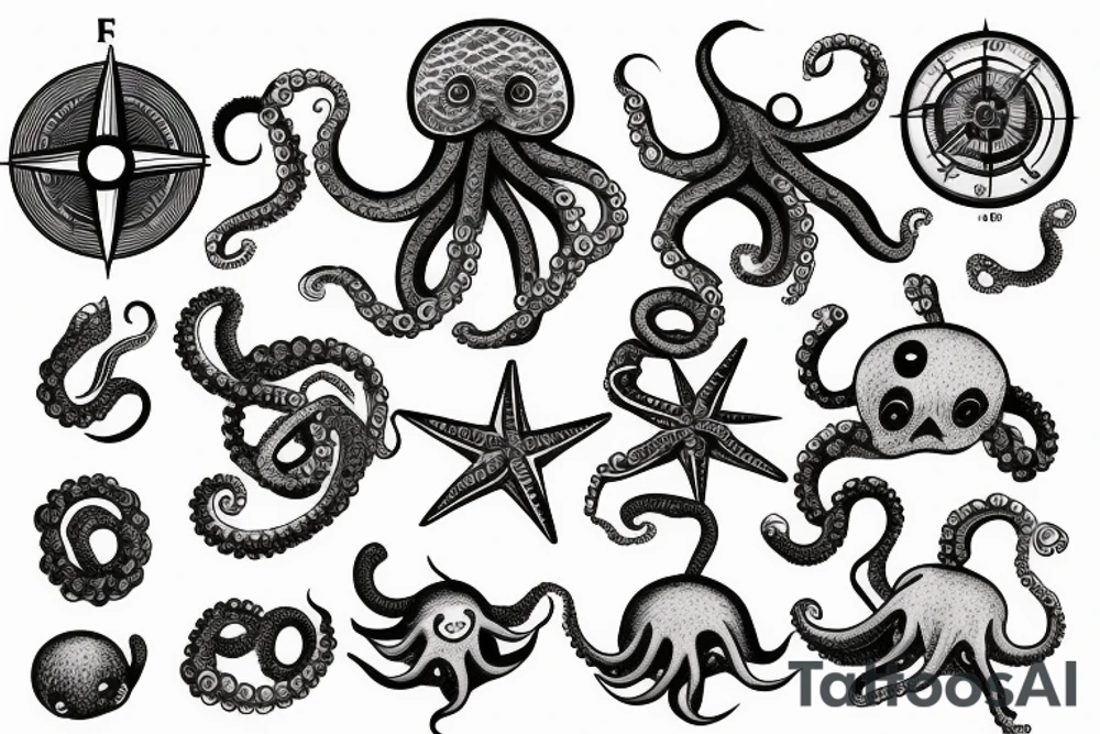 ocean sunrise over left chest compass and octopus tattoo idea